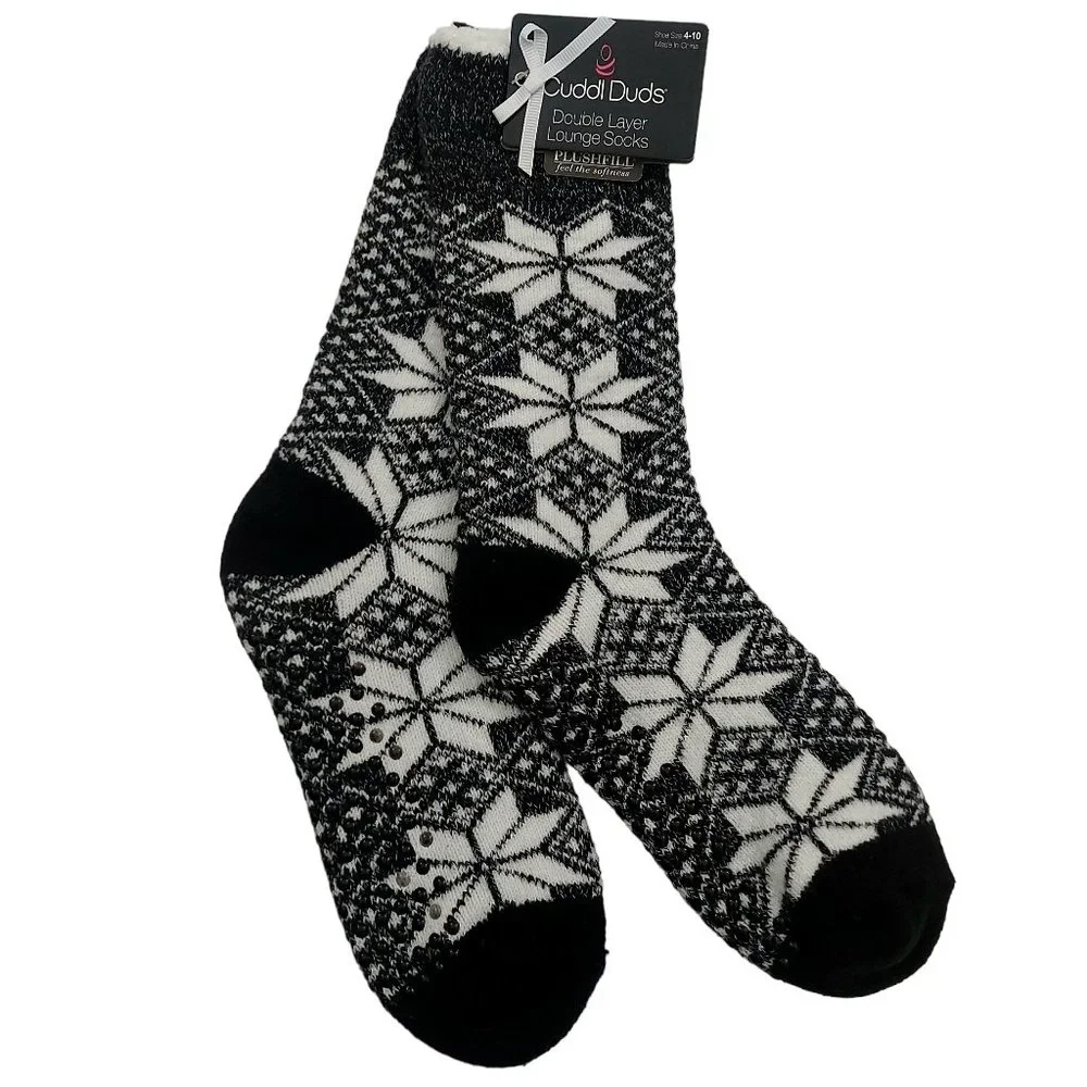 Cuddl Duds Lounge Crew Socks Womens 4-10 Black Cozy Warm Lined Non Slip